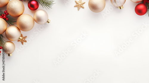 Christmas and New Year holiday frame with Christmas tree branches, gold and red baubles on a white background. Flat lay, top view, copy space for text. Christmas banner mockup.