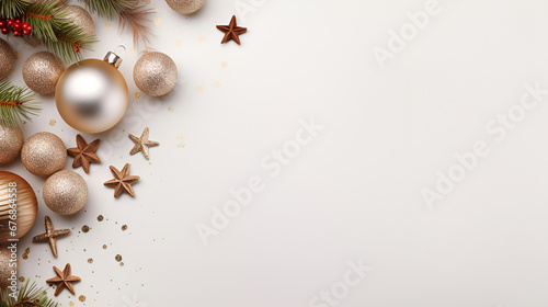 Christmas and New Year holiday frame with Christmas tree branches, gold and beige baubles on a white background. Flat lay, top view, copy space for text. Christmas banner mockup.