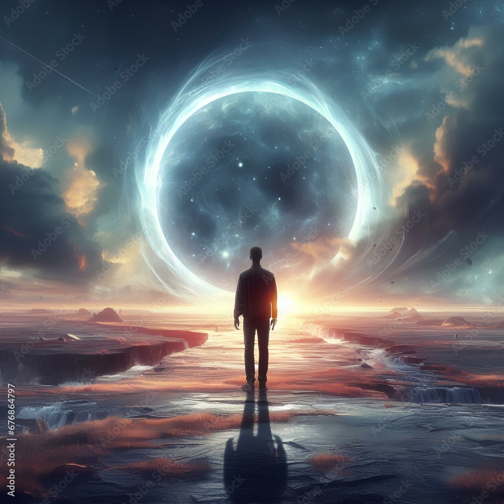 Surreal landscape of a man standing in front of a portal to another ...