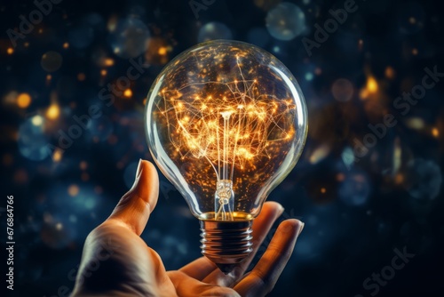 Creative idea generation with electric bulb in hand and innovative infographics background photo