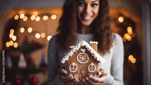 A smiling woman presenting a handmade gingerbread house with a backdrop of a softly lit Christmas tree and festive decorations.