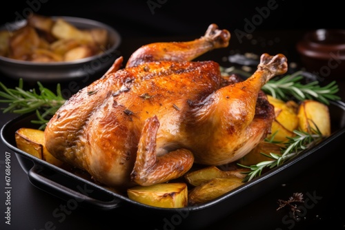 Roast goose in a pan delicious traditional cuisine for festive meals and special occasions
