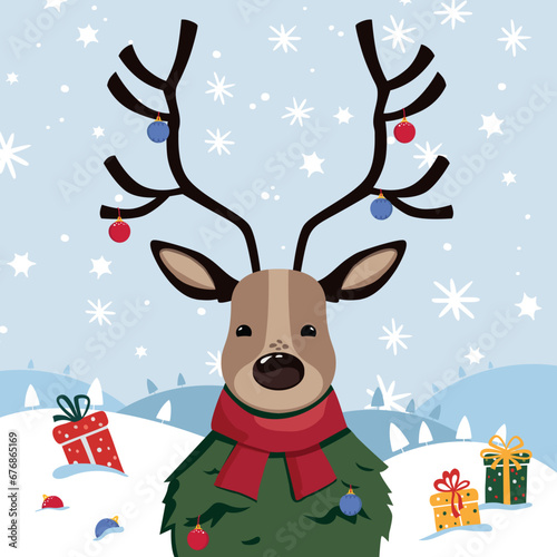 Christmas vector illustration. Cute deer wearing a scarf staying on snow mountains in the winter with gifts