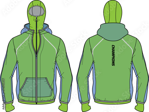 Tech shell runner Hoodie jacket with windcheater design flat sketch Illustration, Compression Hooded jacket with front and back view, Thermal winter jacket for Men and women for Running and workout