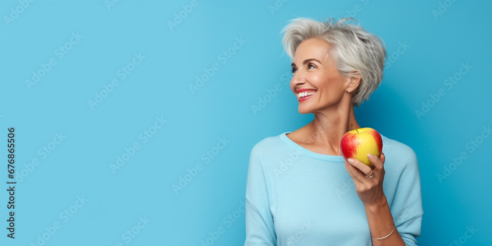 Radiant Elderly Lady Smiles, Holding an Apple Against a Blue Backdrop, AI generated Radiant Elderly Lady Smiles, Holding an Apple Against a Blue Backdrop, AI generated