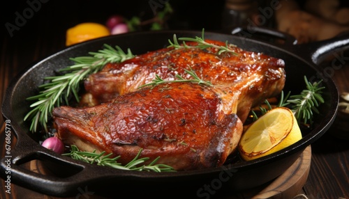 Golden roast goose in a pan, exquisitely prepared for a mouthwatering and flavorful culinary delight
