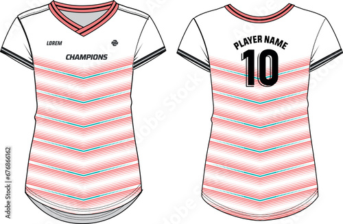 Women Sports Jersey t-shirt design flat sketch illustration with Chevron pattern suitable for girls and Ladies for Volleyball jersey, Football, Soccer and netball, Sport uniform kit for sports