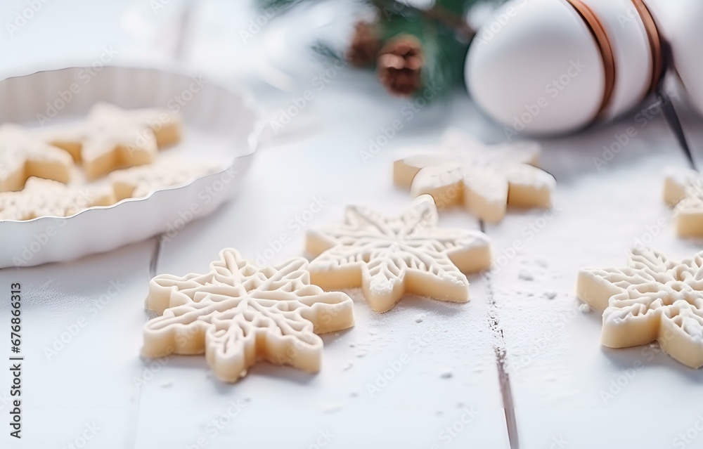 christmas cookie cutters and gingerbread dough cooking on white wooden plate on white wooden table soft light