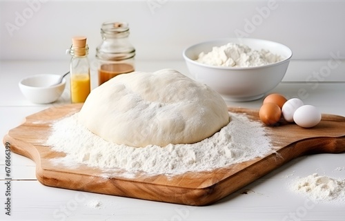 dough, eggs and flour cooking on white wooden plate on white wooden table soft light