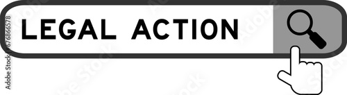 Search banner in word legal action with hand over magnifier icon on white background