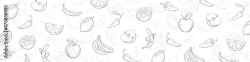Background of drawn fruits and vegetables. Apple  lemon  banana  pepper. Vegan food. Vector illustration.