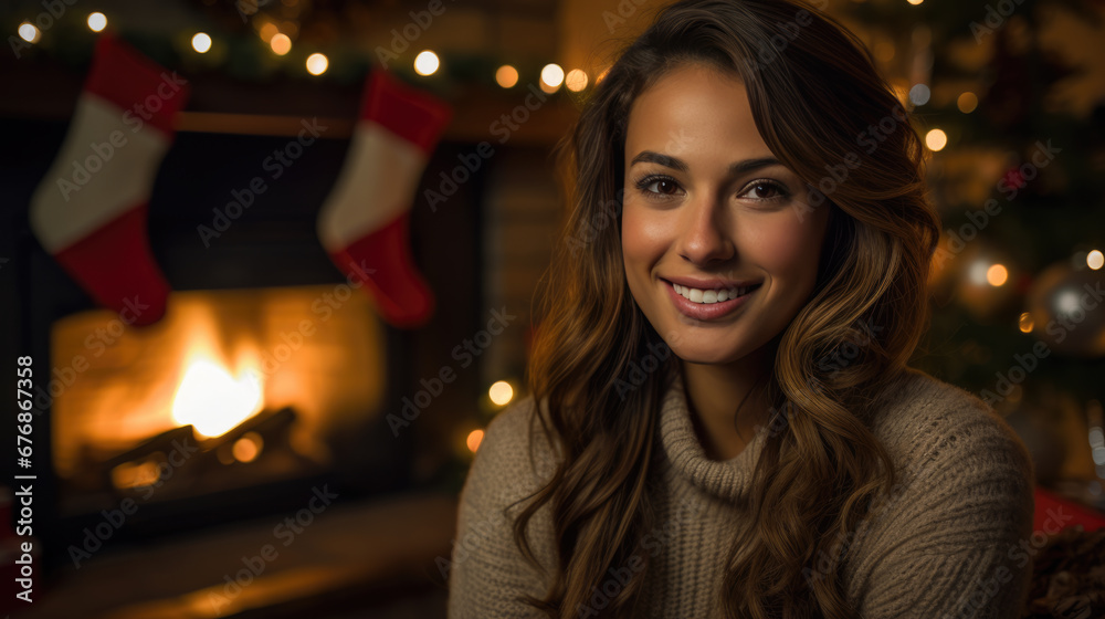 Woman with soft sweater is illuminated by the cozy glow of a fireplace and Christmas lights, with festive decorations around the room
