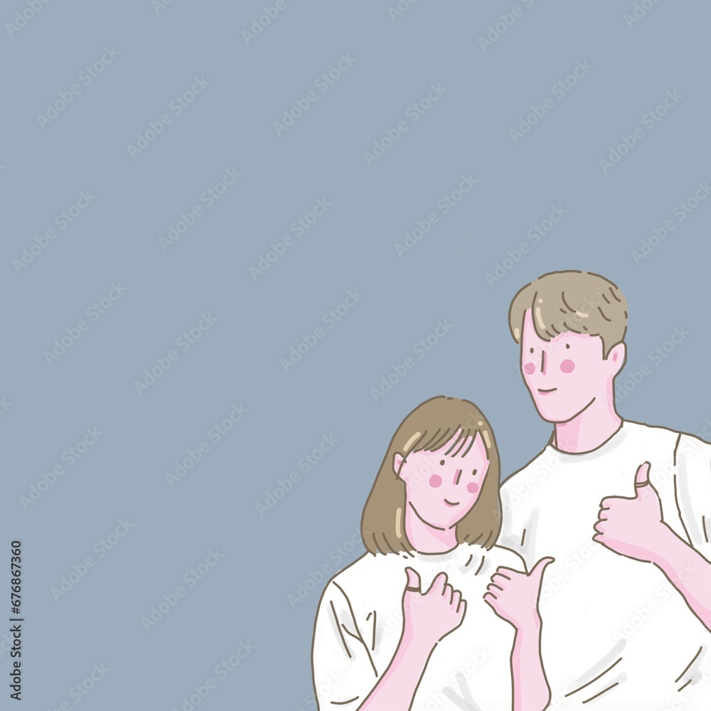 A couple (a man and a woman) posing and doing thumb up pose together on a light blue background A couple (a man and a woman) posing and doing thumb up pose together on a light blue background