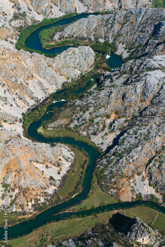 Aerial view of the confluence of of the Krupa and Zrmanja Rivers and their canyons, Croatia