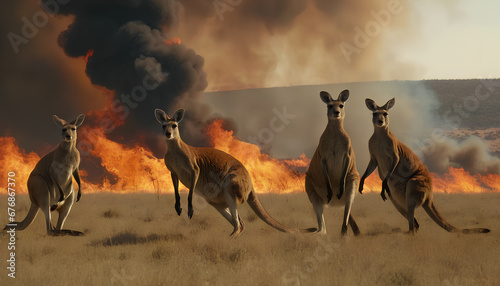 Australian kangaroos fleeing from fire. A poignant scene illustrating the impact of wildfires on wildlife and the challenges faced by animals in their natural habitats  Generative AI.