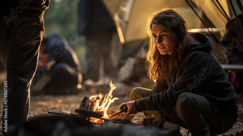 A woman, seated next to a tent in a forest clearing, tends to a campfire, roasting a marshmallow as the sun sets in the background.