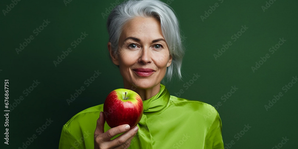 Smiling Mature Lady Holds an Apple, Portrait Amidst a Verdant Backdrop, AI generated Smiling Mature Lady Holds an Apple, Portrait Amidst a Verdant Backdrop, AI generated