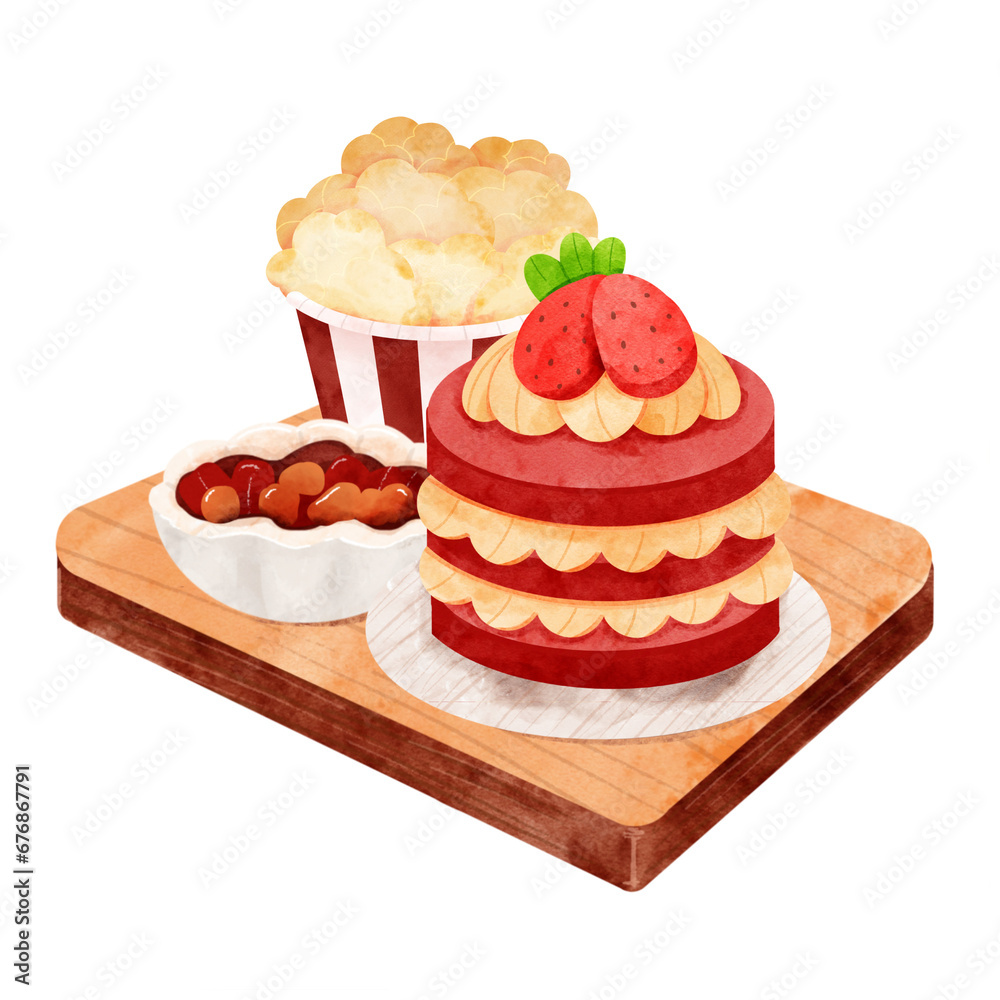 PNG hand draw of fast food set and drinks in watercolor style , dessert set and coffee in wood plate PNG hand draw of fast food set and drinks in watercolor style , dessert set and coffee in wood plate