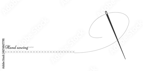 Drawing of a needle and thread. Embroidery and needlework. Line art drawing. Vector illustration.