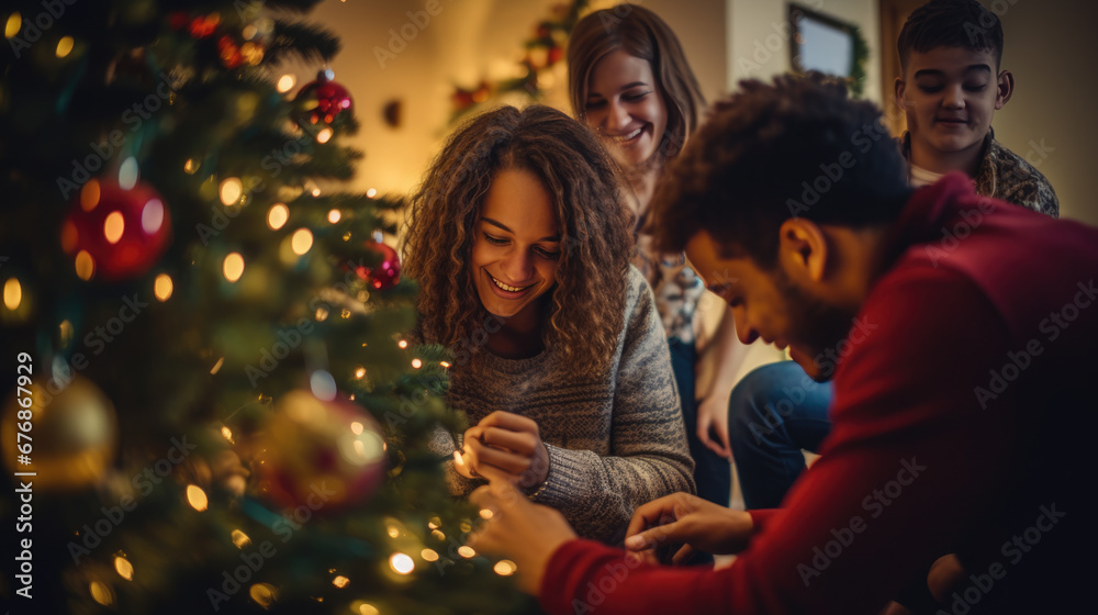 Three friends joyfully decorate a glowing Christmas tree, sharing a warm and intimate moment of togetherness during the holiday season.