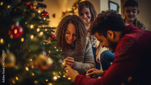 Three friends joyfully decorate a glowing Christmas tree, sharing a warm and intimate moment of togetherness during the holiday season.