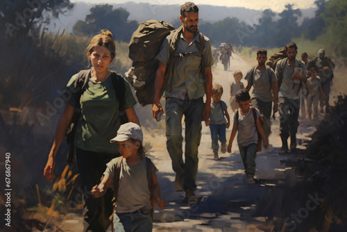 Painting style of war refugees march leaving their homeland. photo