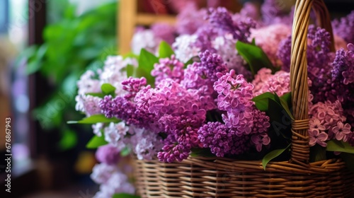 Beautiful lilac bouquet in flower shop. Blurred background. Mother s day concept with a space for a text. Valentine day concept with a copy space.