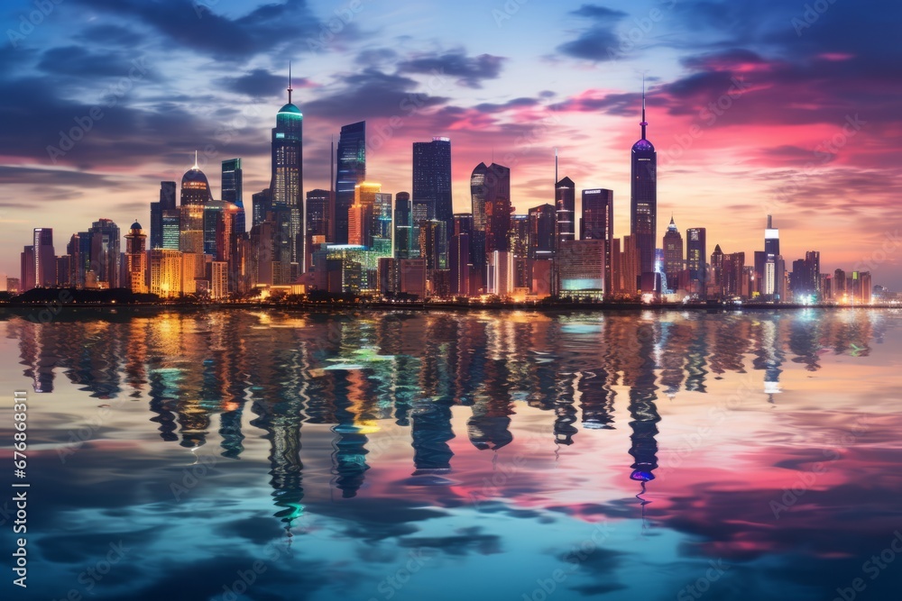 Fototapeta premium City skyline at twilight. Skyscrapers landscape. AI generative