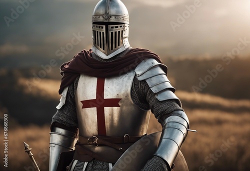 Portrait of knight templar medieval warrior wearing helmet standing on battlefield with sword and shield photo