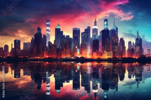 City skyline at twilight. Skyscrapers landscape. AI generative