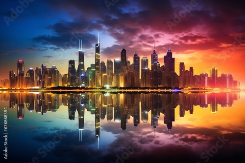 City skyline at twilight. Skyscrapers landscape. AI generative © tiena
