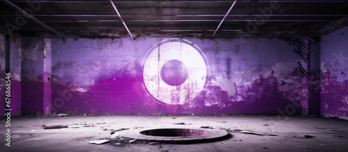 In the abandoned room the huge distressed ceiling displayed a powerful graphic of a purple circle centered on a horizontal column with peeling paint revealing selective color photo