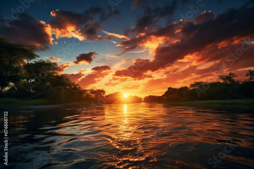 A peaceful sunset over a placid lake, with fluffy clouds decorating the sky. Reflections dance on the surface of the lake as the warm tones of the setting sun give a captivating glow across the water.