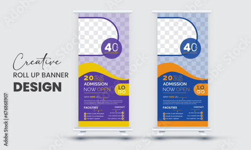 Simple and creative education roll up banner or dil design in two color variation with wavy shape photo
