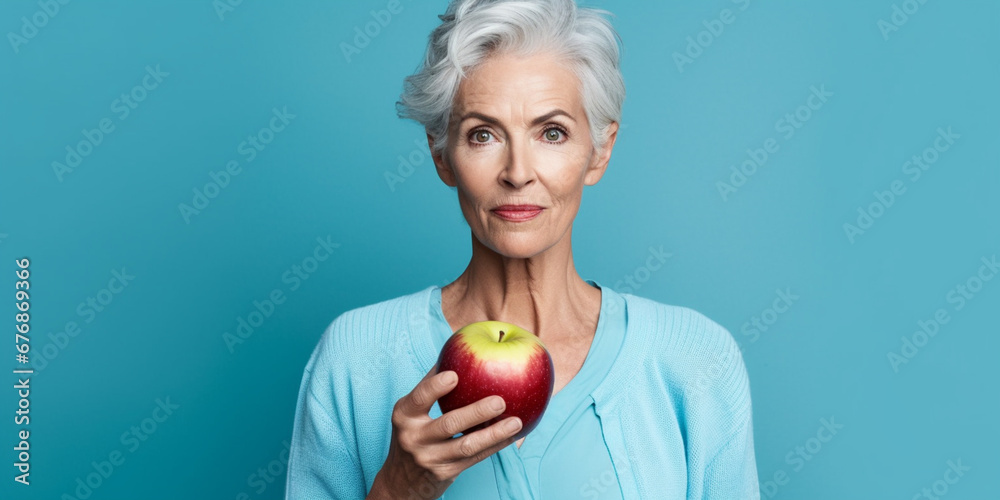 Radiant Elderly Lady Smiles, Holding an Apple Against a Blue Backdrop, AI generated Radiant Elderly Lady Smiles, Holding an Apple Against a Blue Backdrop, AI generated