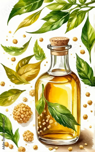 Sesame oil in a glass bottle. The product is made from sesame seeds. Made in watercolor style. White background. AI