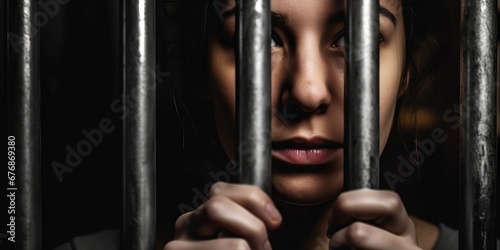 Fényképezés Portrait of the woman prisoner with hands on a steel lattice, close up