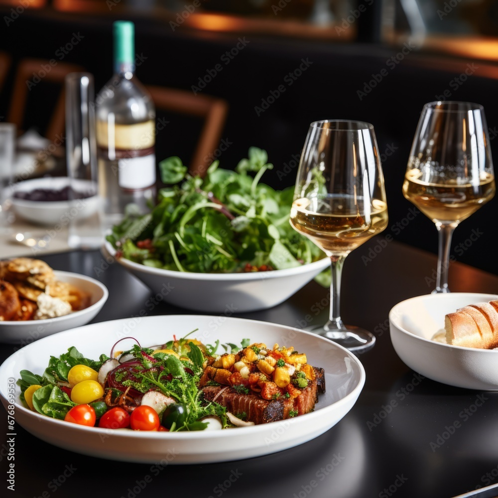 Festive food and wine on a luxurious covered table Festive food and wine on a luxurious covered table