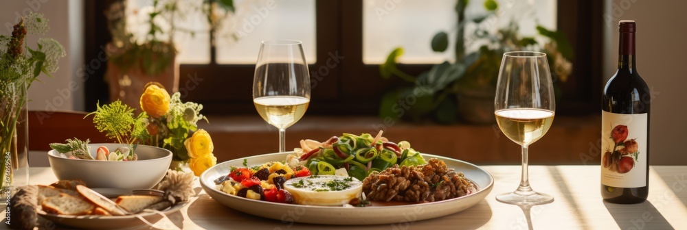 Festive food and wine on a luxurious covered table Festive food and wine on a luxurious covered table