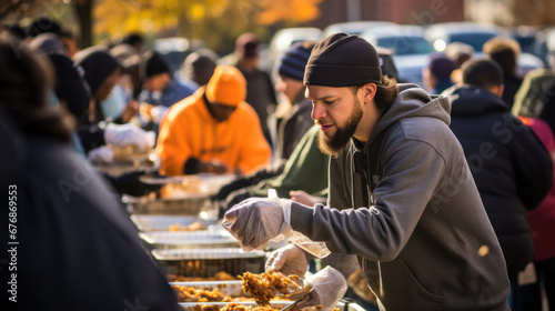 A person smiles while volunteering  handing out food to a diverse community at an outdoor charity event.