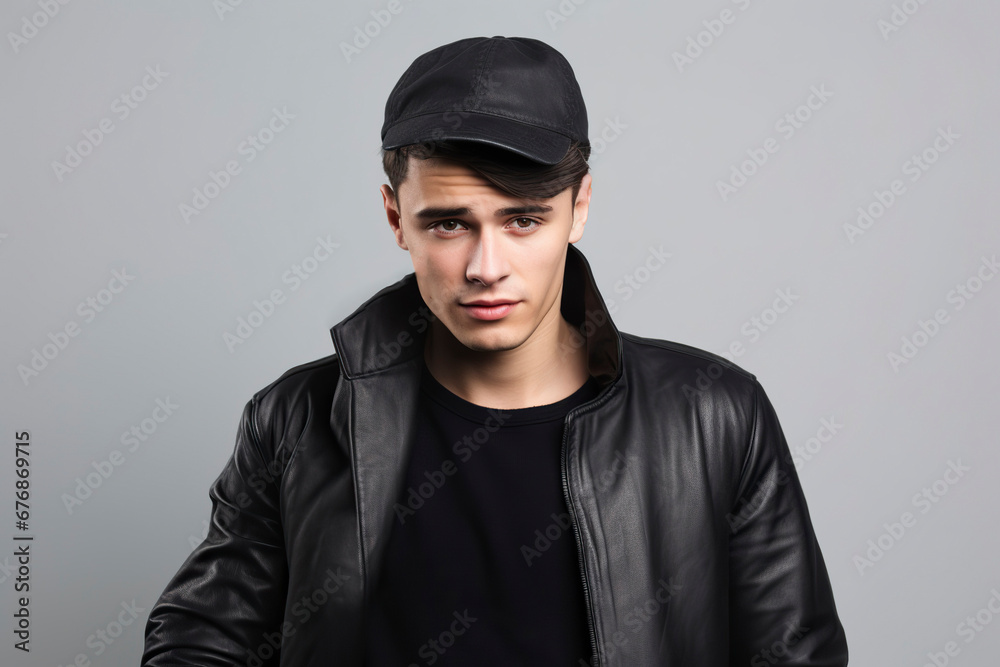 Attractive, young model boy posing in a portrait wearing t-shirt and black leather jacket.