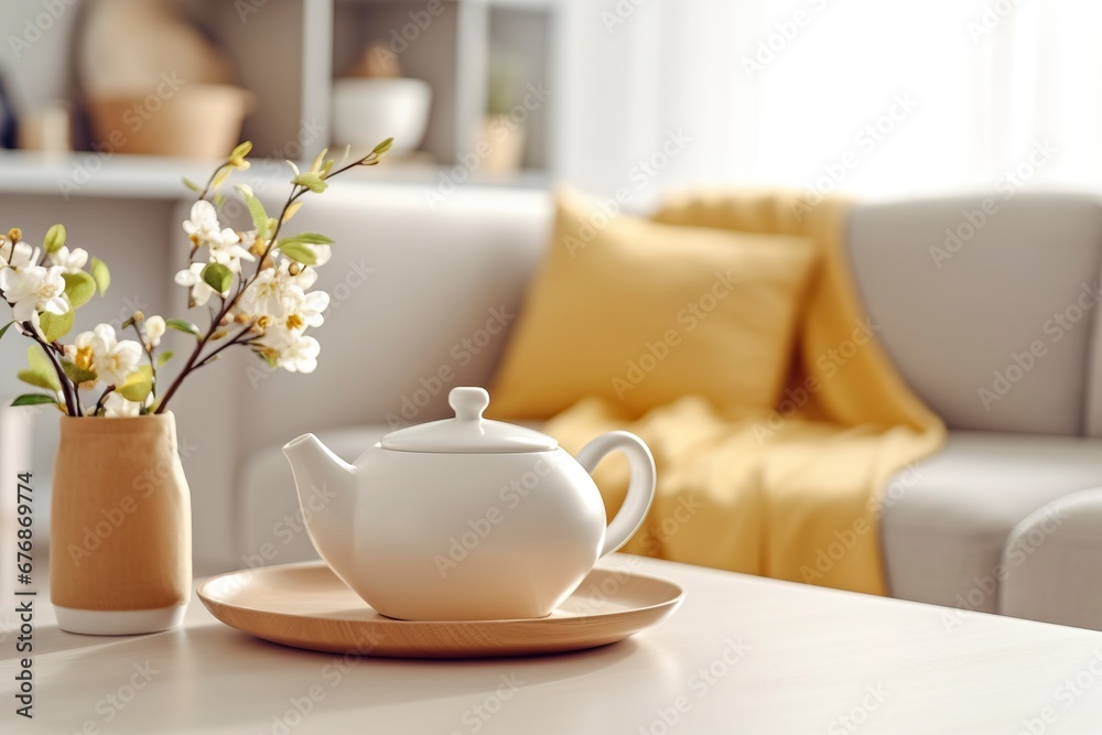 A simple white teapot on a white coffee table in a bright and comfortable living room.