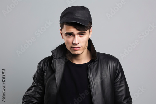 Attractive, young model boy posing in a portrait wearing t-shirt and black leather jacket.