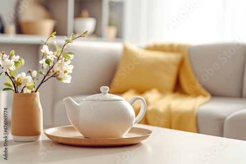 A simple white teapot on a white coffee table in a bright and comfortable living room.