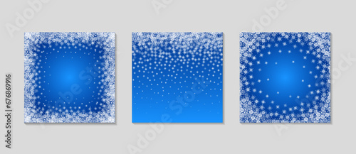 Snow frame set on blue background. Winter decoration text template. Blue background with snowflakes.