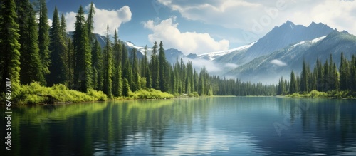In the beautiful summer landscape of Canada the sky and clouds blend harmoniously with the lush green forests majestic mountains and towering trees creating a breathtaking background for nat © TheWaterMeloonProjec