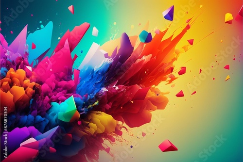 an art work with multi colored paint on the background and flying rocks