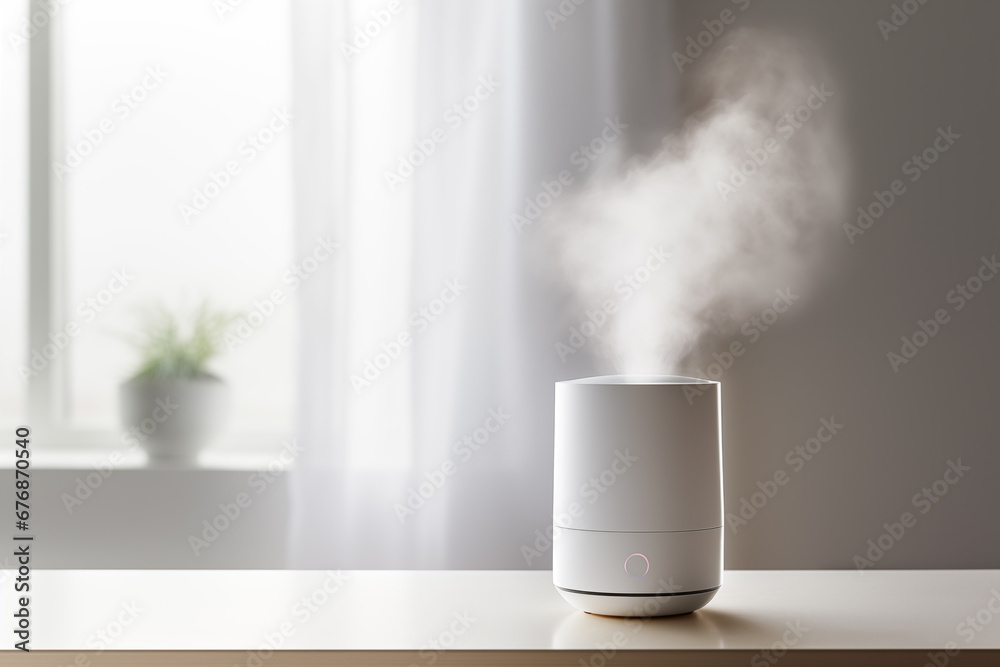 White Humidifier Close-Up on Table Against Window with White Curtains White Humidifier Close-Up on Table Against Window with White Curtains