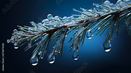 Pine branch with frozen droplets of ice, ai generative