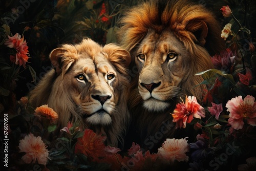 two lions in close-up surrounded by large flowers